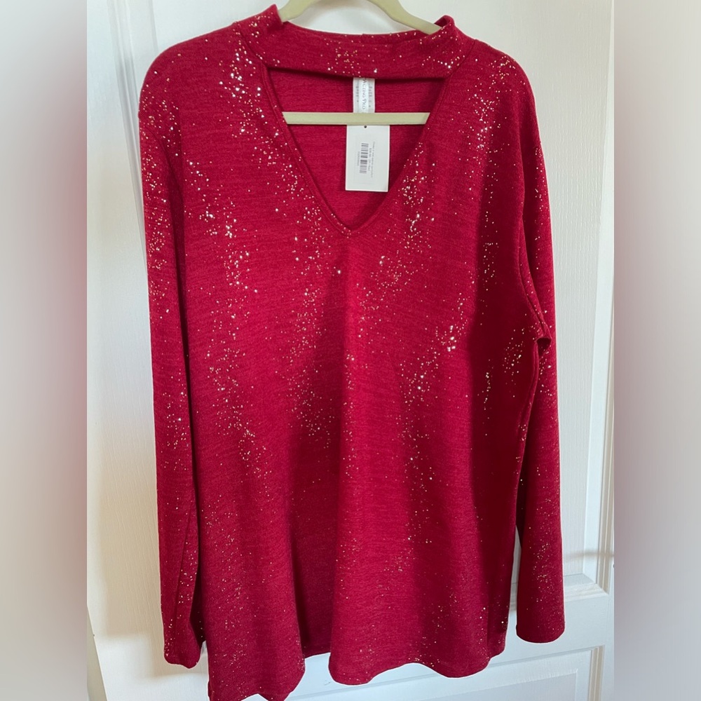 2X Carl Ann Boutique Choker Vneck Red sparkle Sweater 24 ptp
